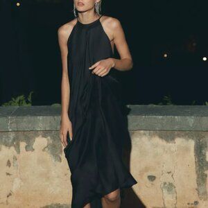 ZARA NWT SATIN HALTER NECK MIDI DRESS DRAPE BACK THIN STRAPS GLAM FIERCE MEDIUM